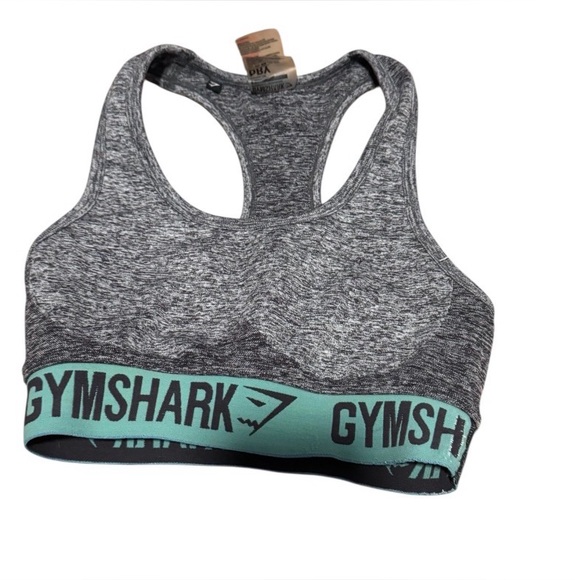 Gymshark Flex Sports Bra in a charcoal gray marl color with a teal blue band S - Picture 2 of 4